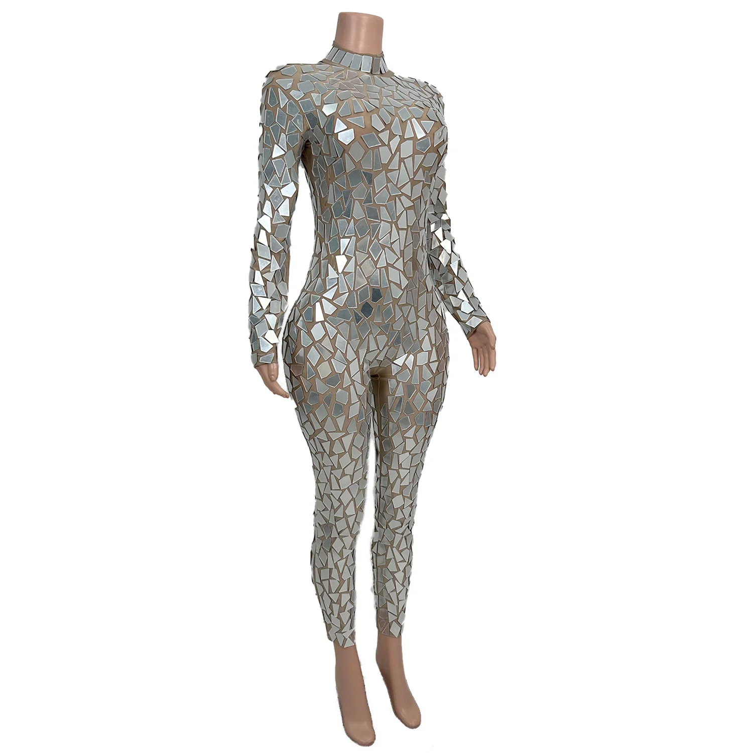 Jingmianlianti New Men Women Jumpsuit Shiny Geometric Mirror Tight Pants Evening Party Stage Performance Nightclub Club Dress