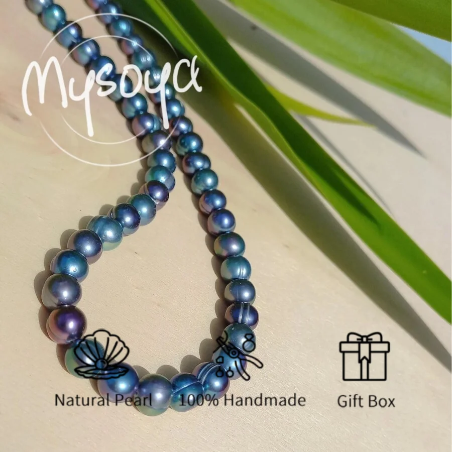 

Ожерелье MYSOYA из голубого пресноводного жемчуга 7,5-9 мм, с подарочной коробкой, подарок на день рождения, свадебные украшения, подарок для него/нее