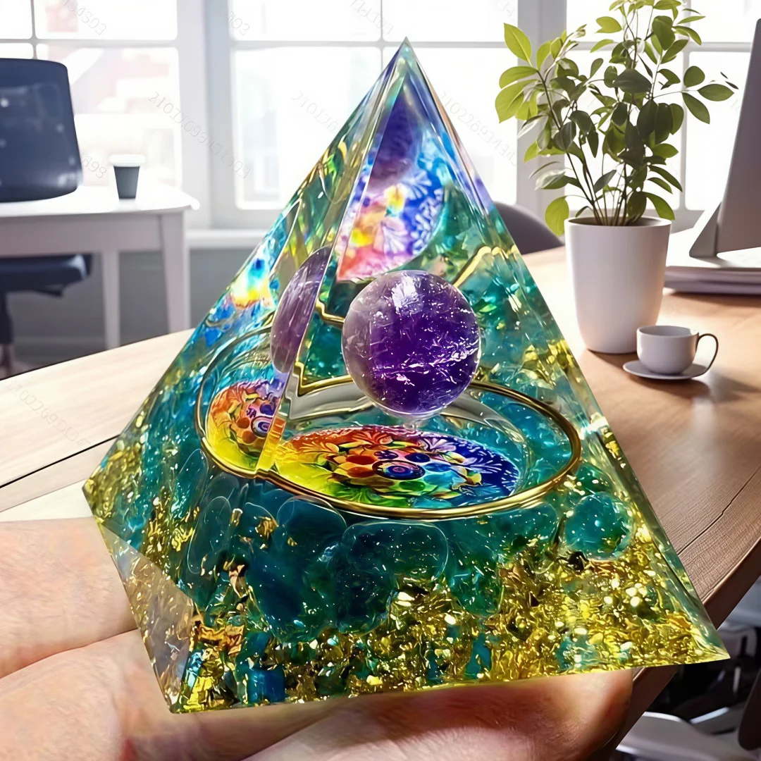 1pc Orgone Pyramid Set with Amethyst Ball and Blue Glass Mandala - Elegant Crystal Decoration for Home and Office