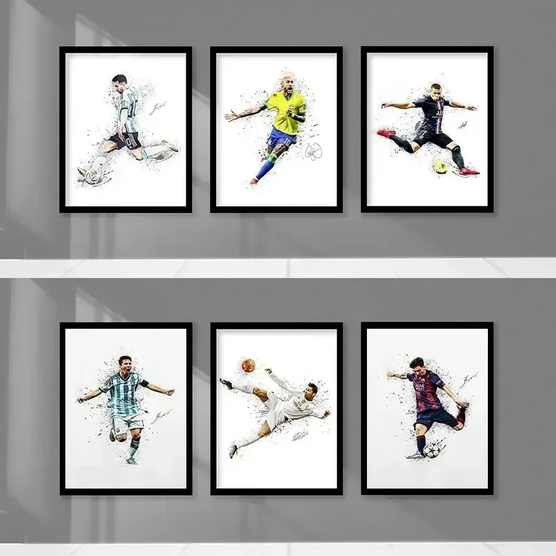 Canvas Painting Posters and Prints Wall Art Modern Abstract Watercolor Athlete Lionel Messi Mbappé and Neymar