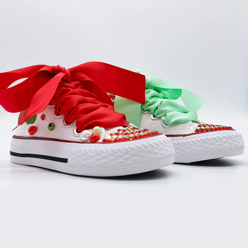 Red And Green Theme Kids Canvas Shoes DIY For Girl Communion Shoes Dollbling Handmade Bling Sneakers Birthday Gift for Kids