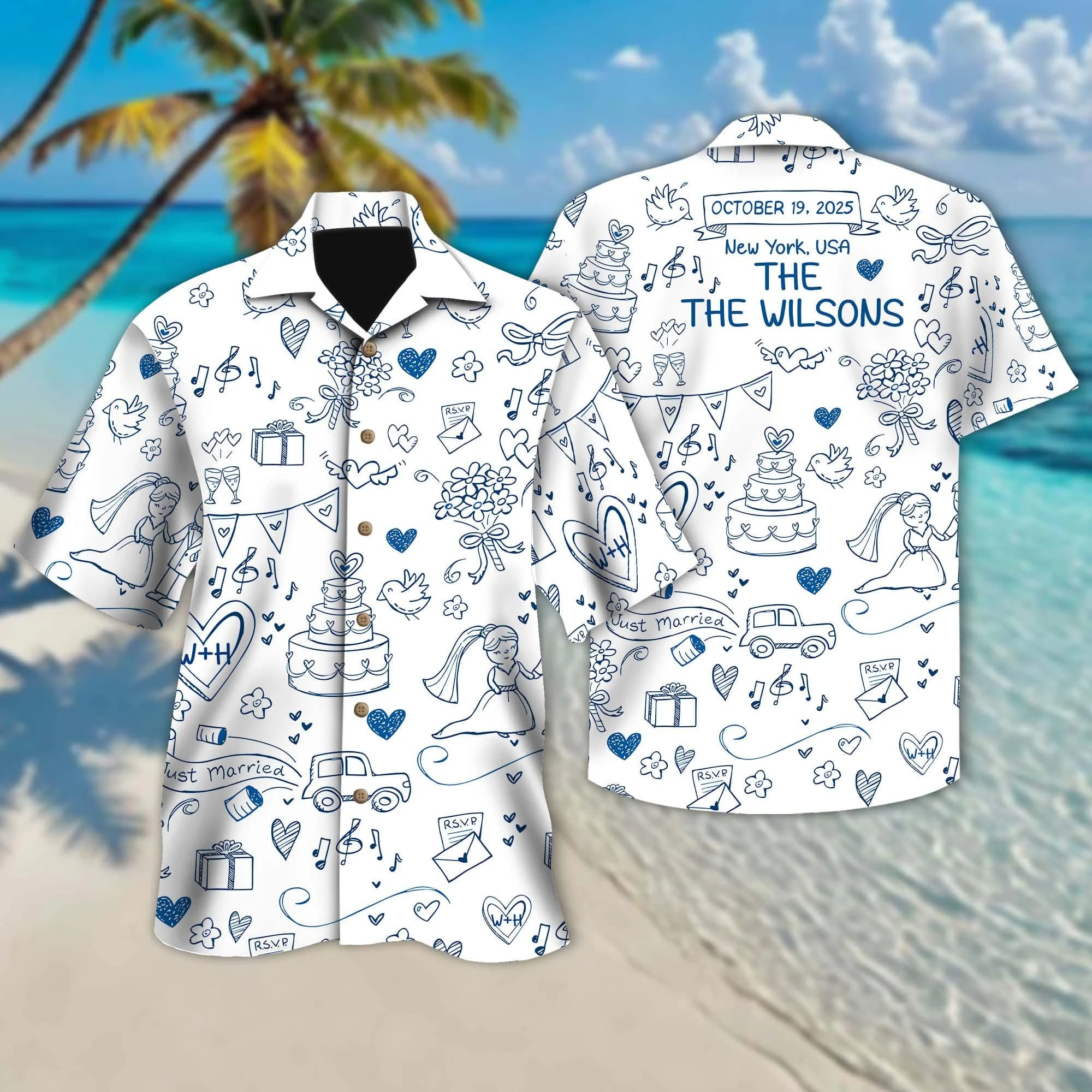 New Custom Just Married Hawaiian Shirt Personalized Wedding Doodle Print Mens Casual Short Sleeve Button Down Beach Aloha Shirt