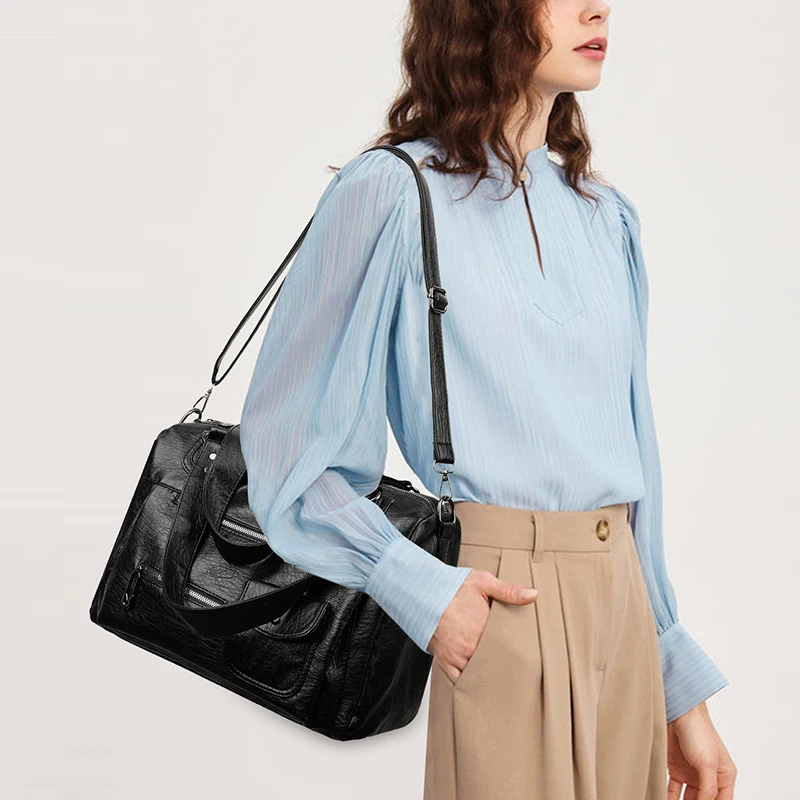 Modische Damen-Umhängetasche aus weichem Leder, große Kapazität, mehrere Außentaschen, abnehmbarer Riemen, Crossbody-Handtasche für den Alltag – Detail 6