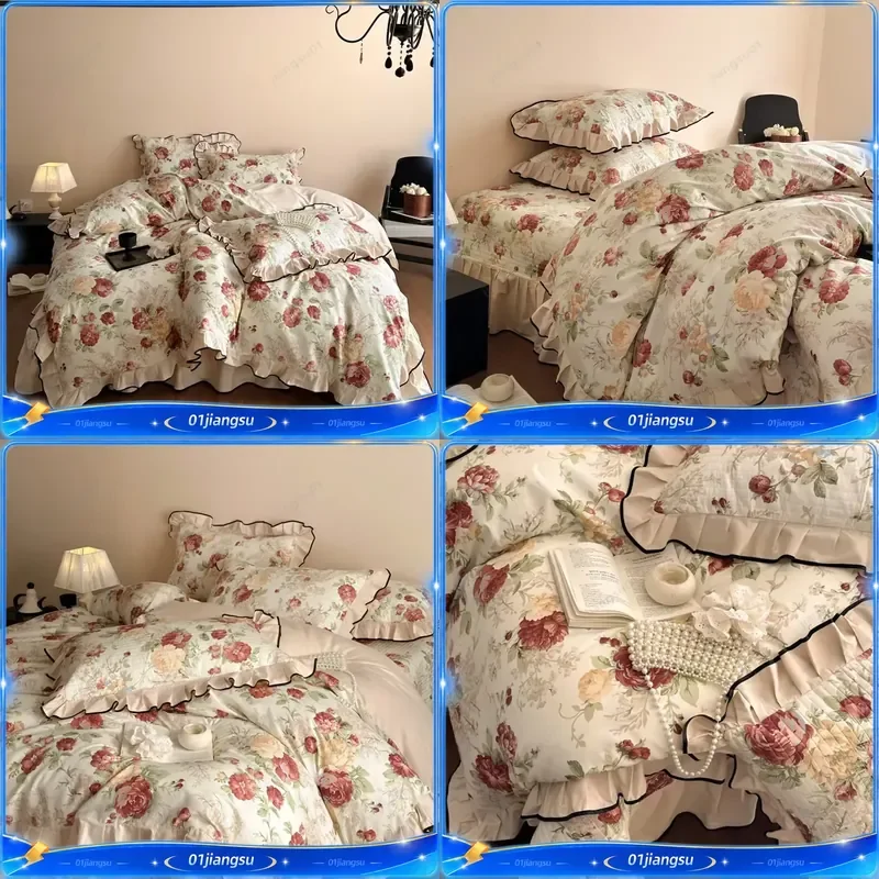4Pcs Vintage French Floral Ruffles Bedding Set 100% Cotton Princess Duvet Cover Quilted Bedspread Sheet Pillowcases Home