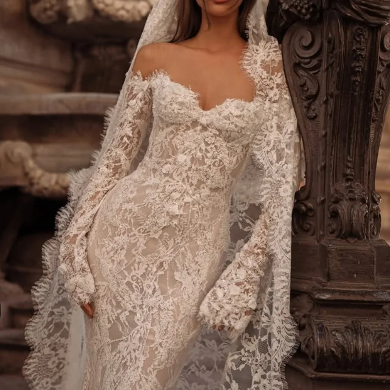 Lace White Wedding Dresses glitter lace flower decal off-shoulder style fishtail Gowns multi-layer Made customize