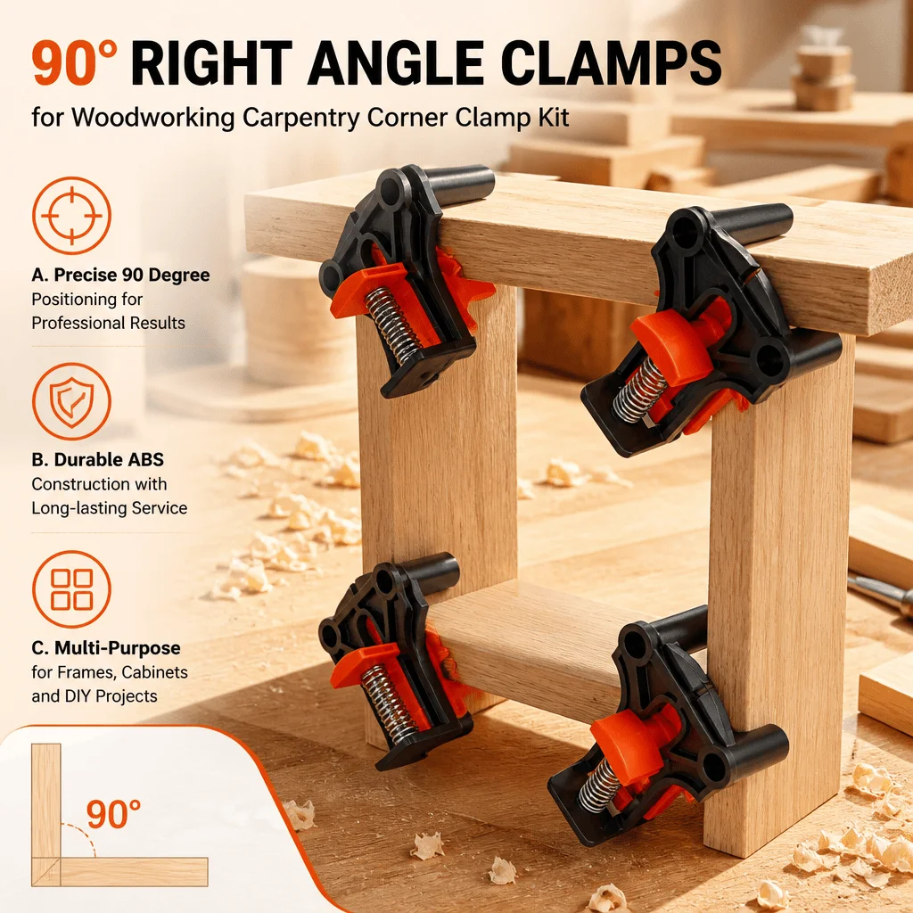 Corner Clamp 90 Degree Clamp Right Angle Clamp Woodworking Picture Frame Jig Cabinet Assembly Tool Carpentry Positioning Fixture Diy Woodworking Tool Durable ABS Adjustable Range Multi-Purpose Precise Corner Alignment For Frames Cabinets Furniture