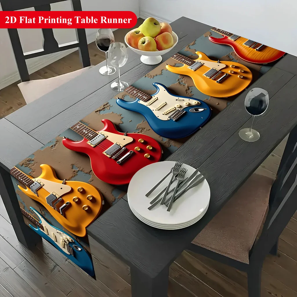 Colorful Electric Guitars Table Runner, Vibrant Rock Music Decor for Dining Coffee Table, Home Kitchen, Party, Holiday