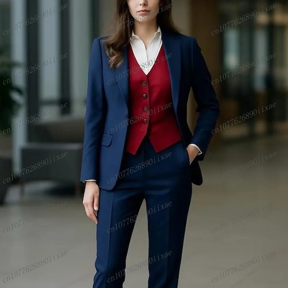 

Темно-синие и красные женские костюмы, женские деловые офисные смокинги для мамы, свадебной вечеринки, формальный женский комплект из трех предметов, куртка, жилет, брюки