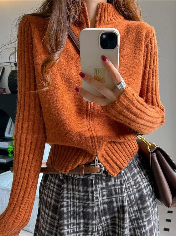 

Candy Colored Orange Women's Knitted Cardigan Coat Double Zipper Soft Cozy Sweater Autumn Winter New Arrival Casual Sle