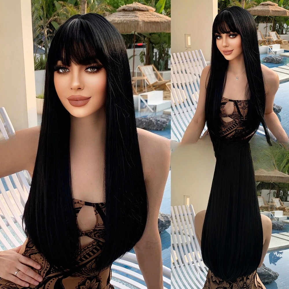 

Wig Women's Fashion Black Long Straight Hair Qi Bangs Hair Tail Micro Roll Inner Buckle Wig Headgear Realistic Wig