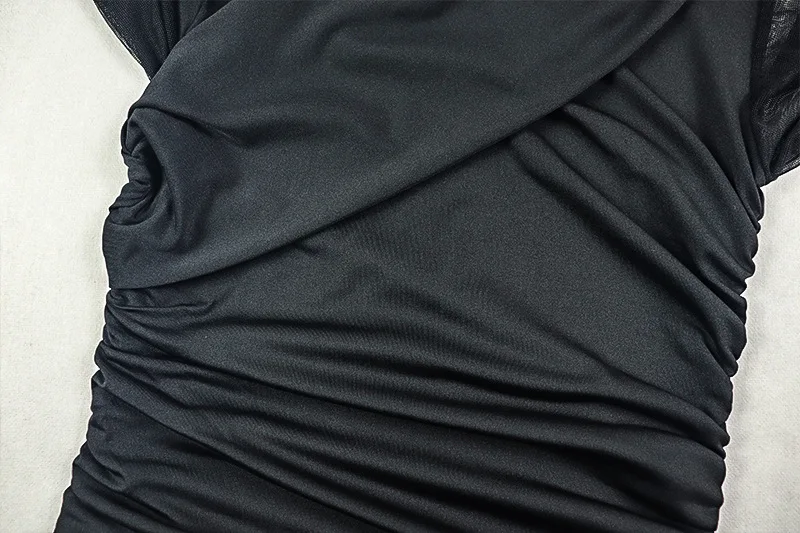 Fiori 3D Sheer Mesh Patchwork Increspato Aderente Mini Abito Donna Sexy Colletto Irregolare Manica Lunga Guaina Clubwear Streetwear