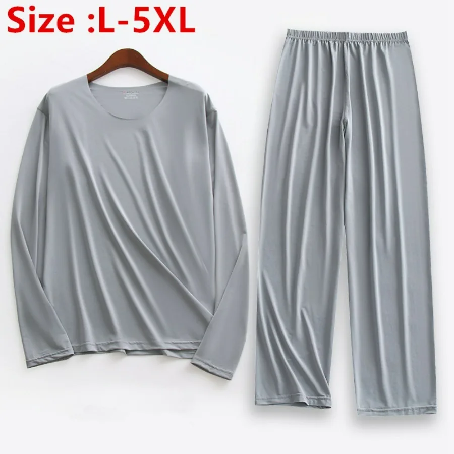 Plus Size 5XL Men Ice Silk Pajama Set Solid Long Sleeve Tops and Pants Sleepwear 2pcs Sets Soft Comfy Lounge Home Nightwear Male