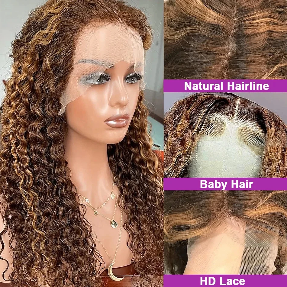 HD Transparente Lace Frontal Onda Profunda Peruca Colorida para Mulheres, Destaque Perucas Brasileiras Encaracoladas, Cabelo Humano, 100% Barato, 13x6, à Venda