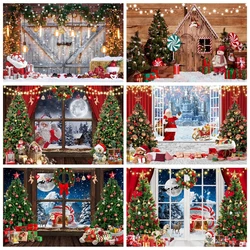 Christmas Decorations Backdrop Wooden Board Floor Window Christmas Tree Santa Claus Background for Photography Photozone Props