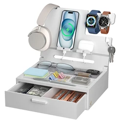 Bamboo Nightstand Charging Organizer with Drawer Foldable Phone Docking Station for Men Bedside Tablets & Watches Stand Holder
