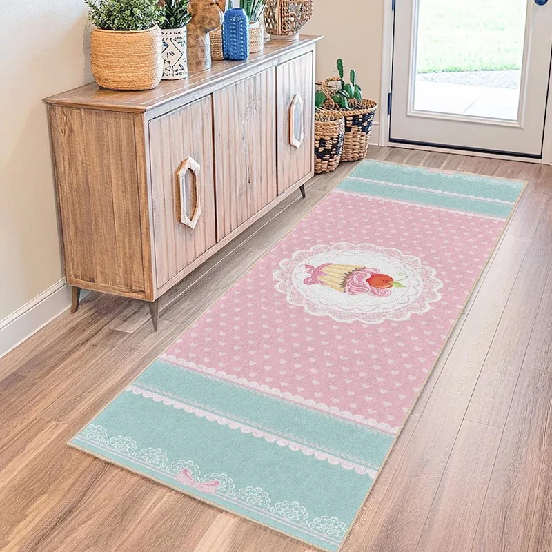 VIKAMA Sweet Pink Heart Cupcake Pattern Kitchen Floor Mat Non-Slip Washable Runner Rug for Kitchen Decor