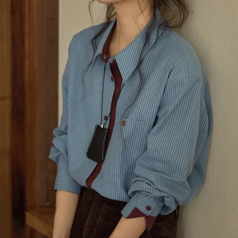 French Retro Contrasting Vertical Stripe Shirt for Women Autumn Long Sleeved Literary Artistic Shirt Office Lady Elegant Tops
