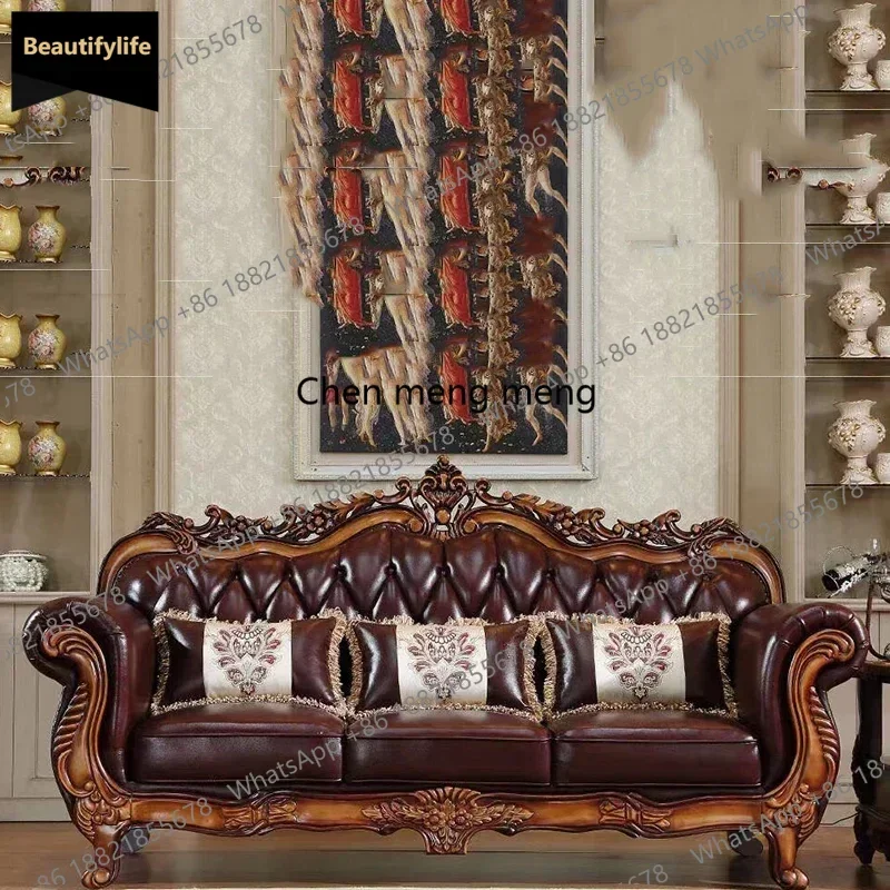 

zE556Versatile Luxury Sofa Leather Back Villa Apartment American Sofa Solid Wooden Divano Da Soggiorno Living Room Furniture