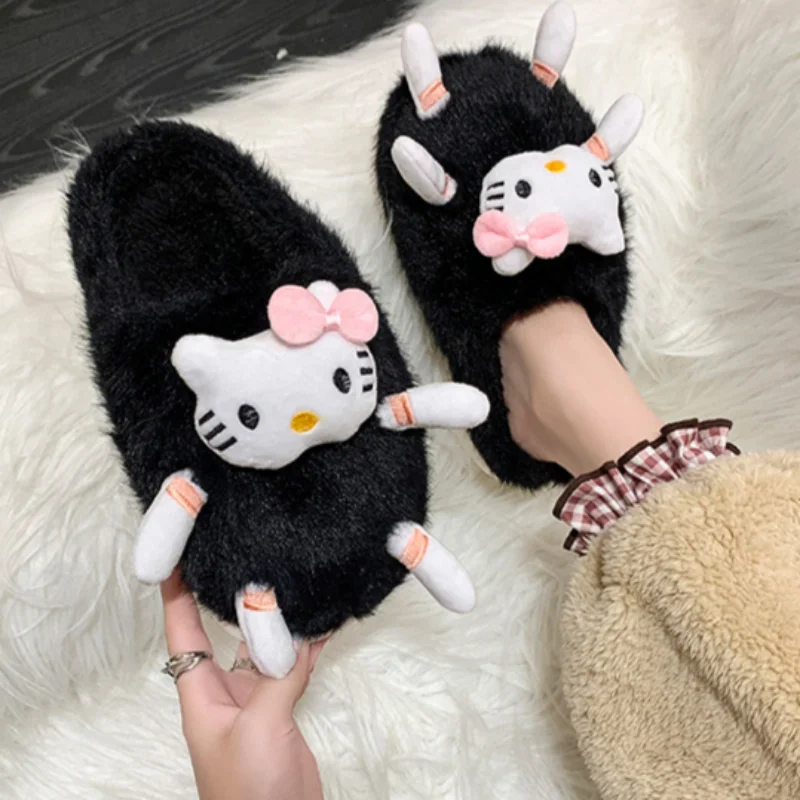 Sanrio Hello Kitty, милые забавные черные пушистые тапочки, женские осенне-зимние новые теплые тапочки с толстой подошвой, мультяшная сумка, хлопковая швабра