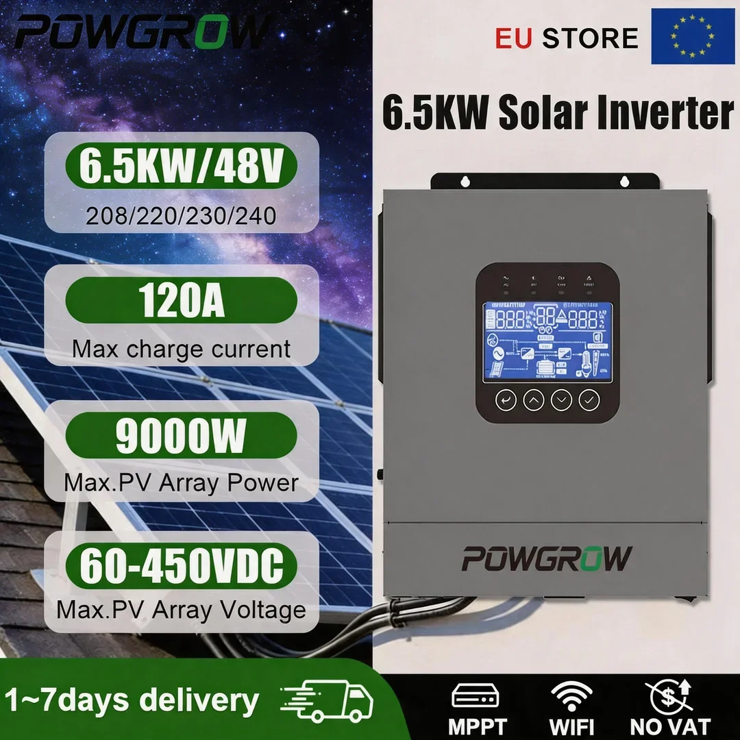 POWGROW 12KW 6.5KW 3.6KW Hybride Solar Inverter 48V 24V 220VAC Zuivere Sinusgolf Inverter Batterij Solar Inversor 160A MPPT Solar Controller Met WIFI