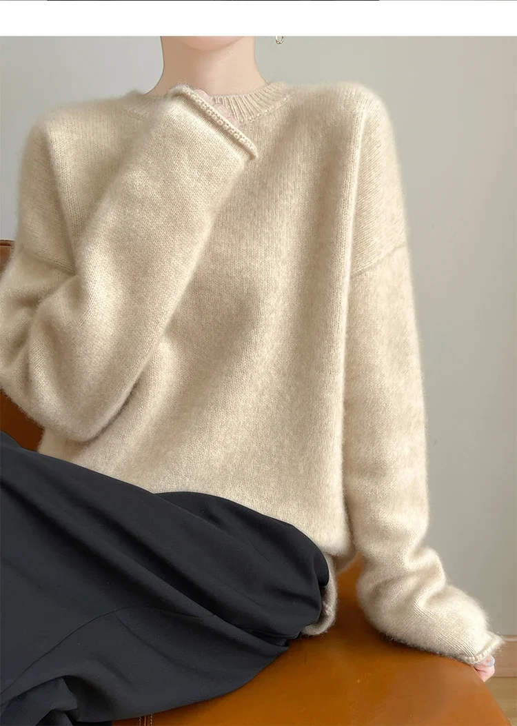 Women's plus Size Cashmere Sweater round Neck Thickened 100% Soft Waxy Knit Loose Lazy Fit Autumn Winter Bottoming Coat