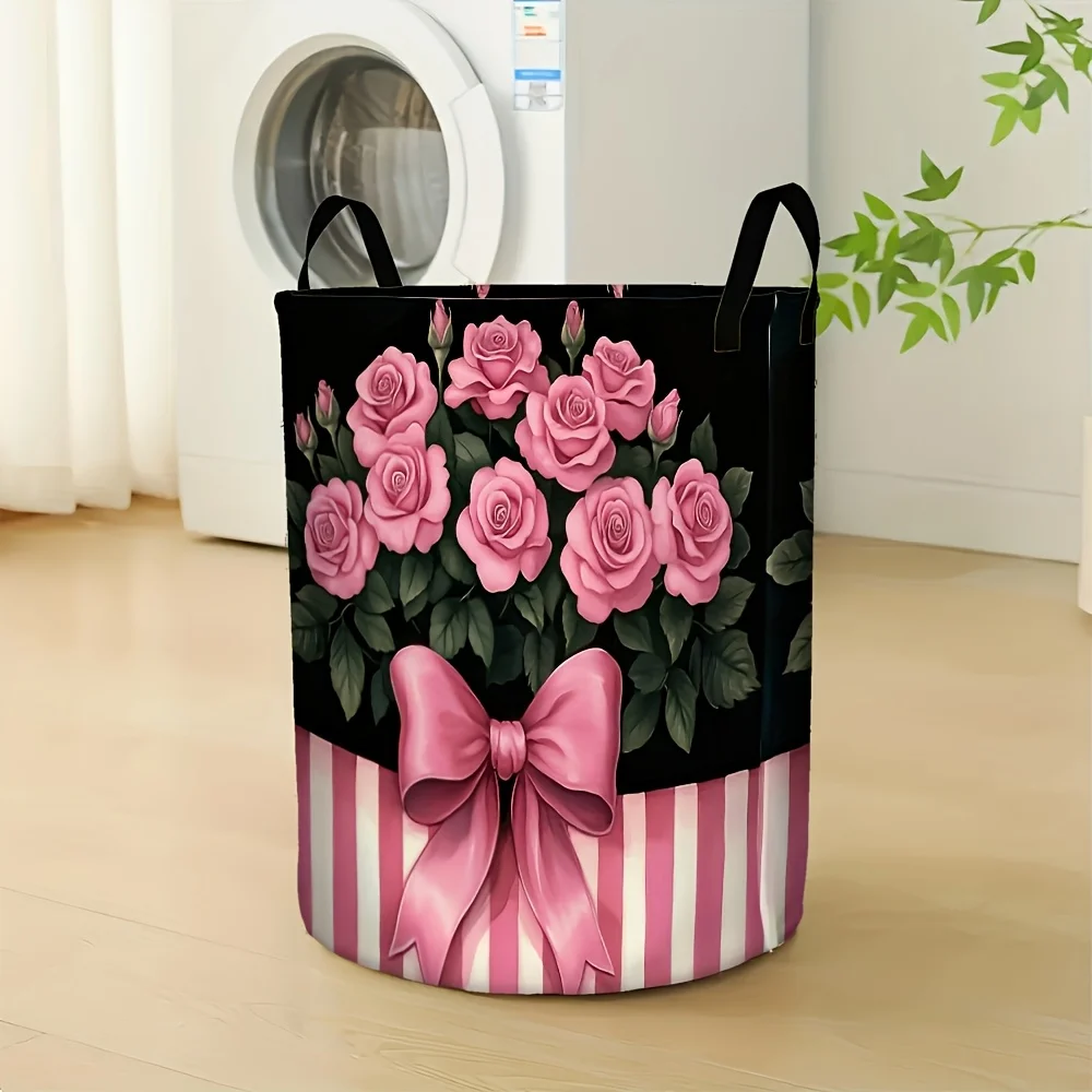 Pink Roses and Ribbon Storage Basket Open Laundry Basket and Storage Box Great for Apartments Dorm Rooms Laundry Spaces