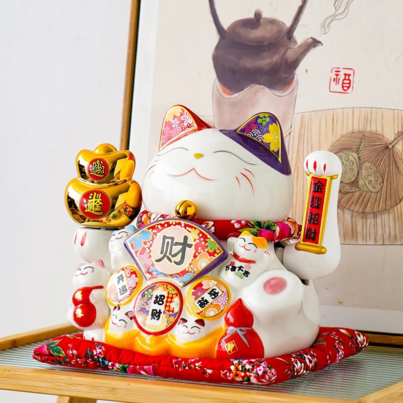 10.2 بوصة كبيرة محظوظ القط زخرفة Maneki Neko السيراميك بيكونينغ القط مع الذراع المنقولة الخزف تمثال تمثال للتزيين