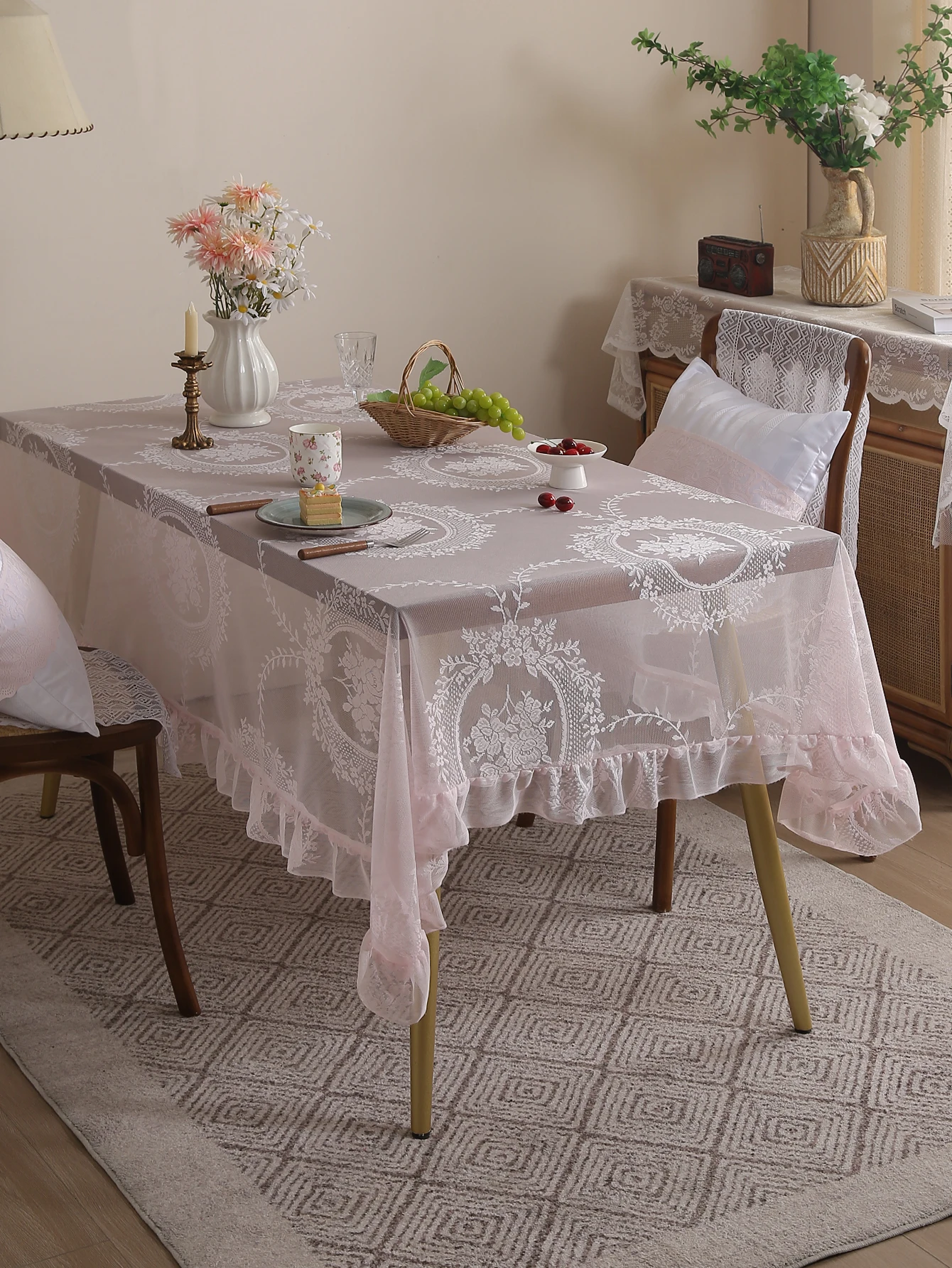 Rustic Pink Mirror Flower Lace Tablecloth, Living Room Bedroom Dining Table Tablecloth, Wedding Festival Home Table Decoration