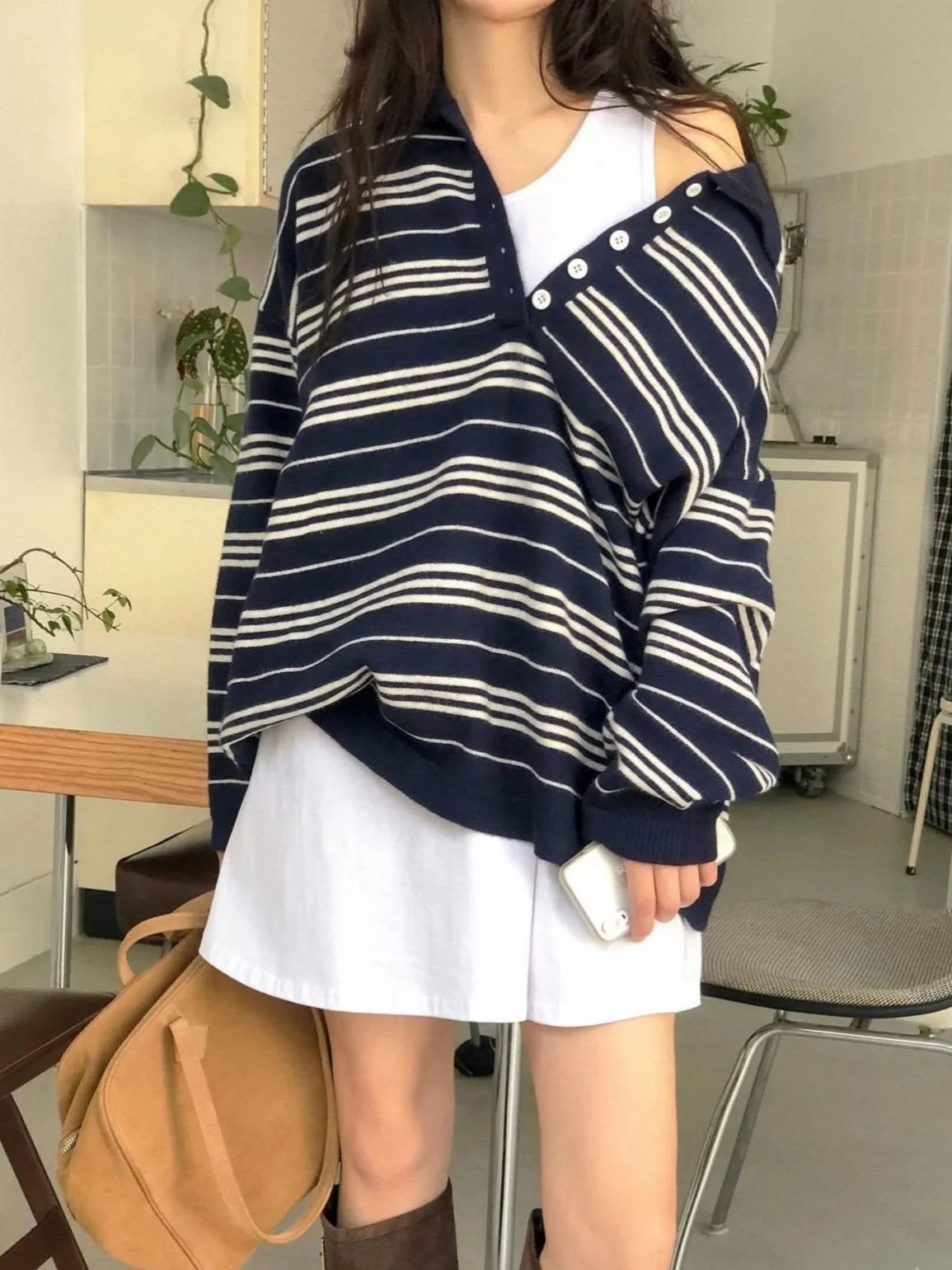 

Vintage Ne Knitwear Women's Loose Fit Striped Early Autumn New Sle College Sle Contrast Color Upper Body