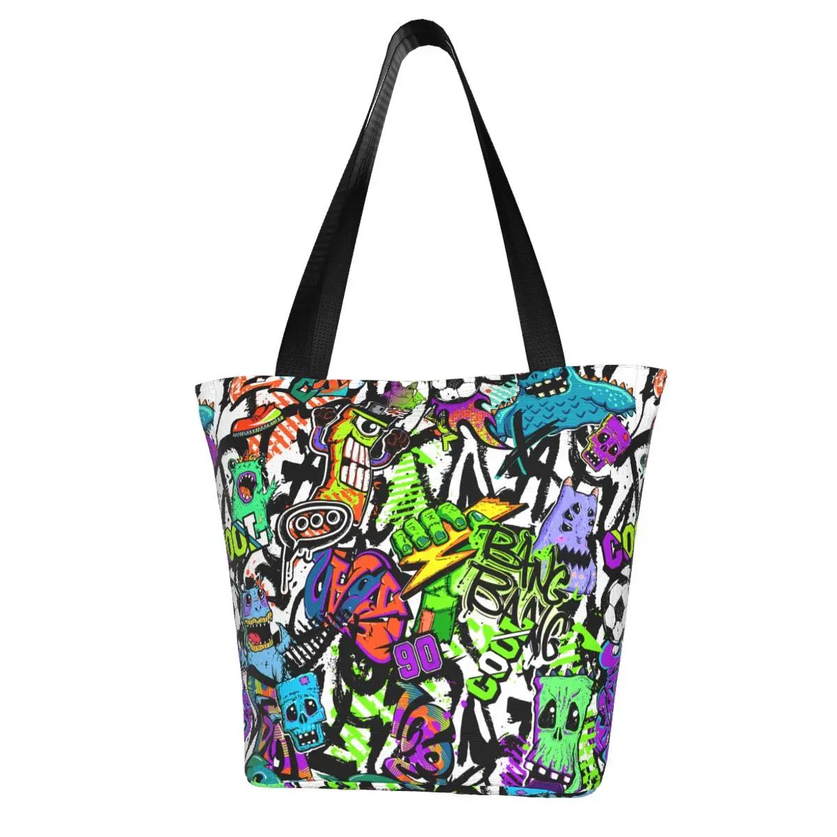 80S Vintage Print Shopping Bag Abstract Monster Graffiti Work Polyester Handbags Student Gifts Vintage Bags