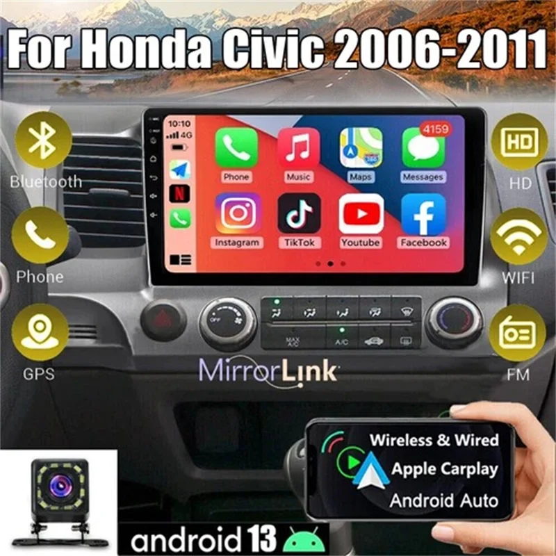 

10inch Car Stereo Radio Car-play GPS Navigation Compatible for Civic 2006-2011 Android 13