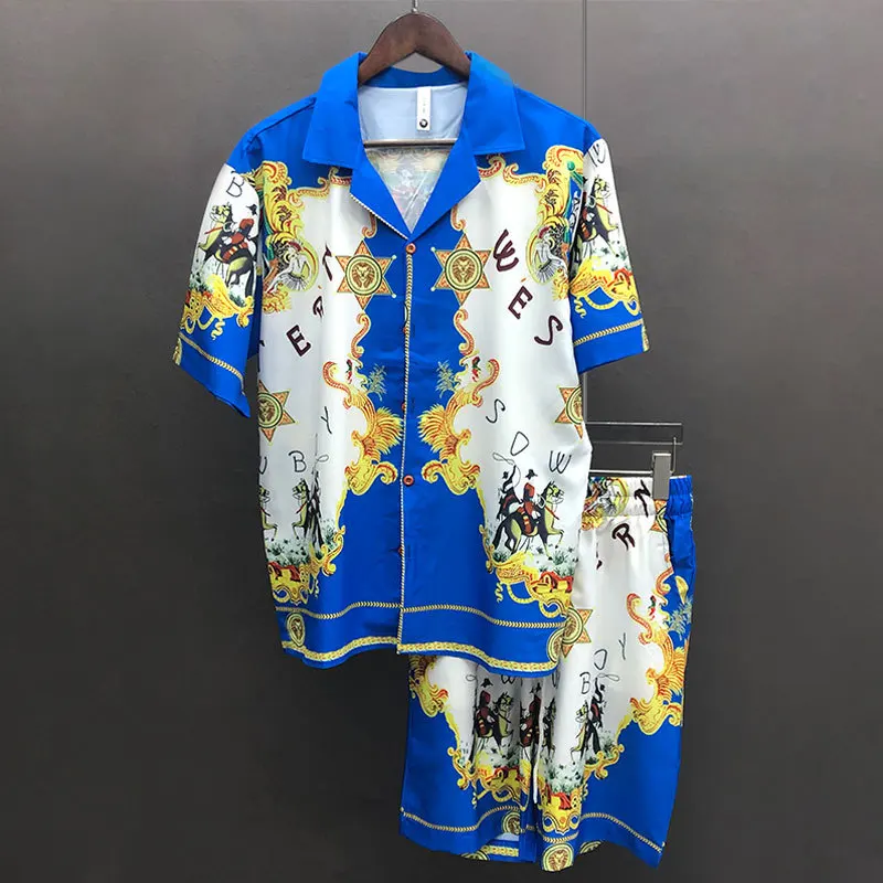 Top Quality Baroque Court Print Print Shirt Hip Hop Print Beach Shirt+Short Men Summer Casual Short Sleeve Set Button Down Shirt