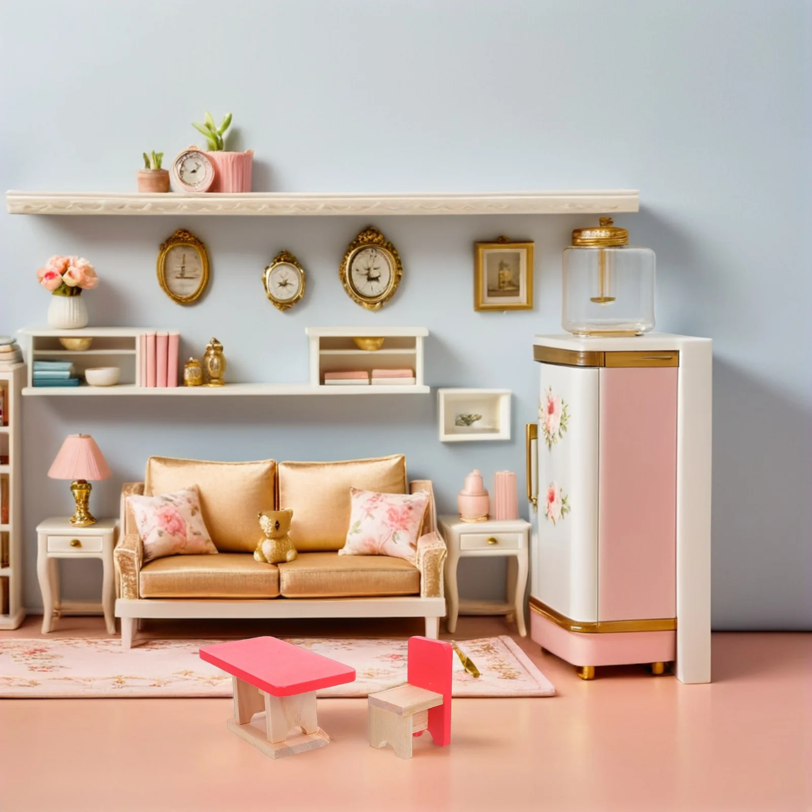 1Set Children's Simulation Furniture Wooden Dollhouse Living Room Set Mini Kitchen Stove Tea Table Cupboard Bookshelf Pretend