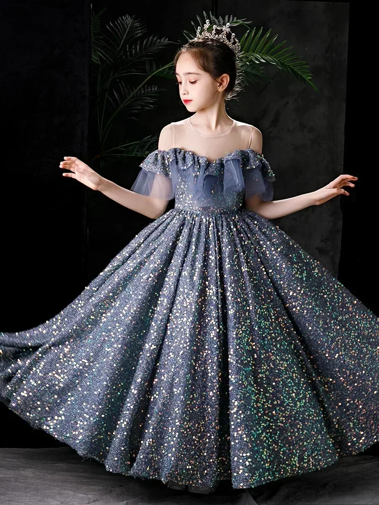 

Girls' Dress 2024 Spring New Flower Children Heavy Industry Sequin Walk Show Children's Host Piano Performance Dress