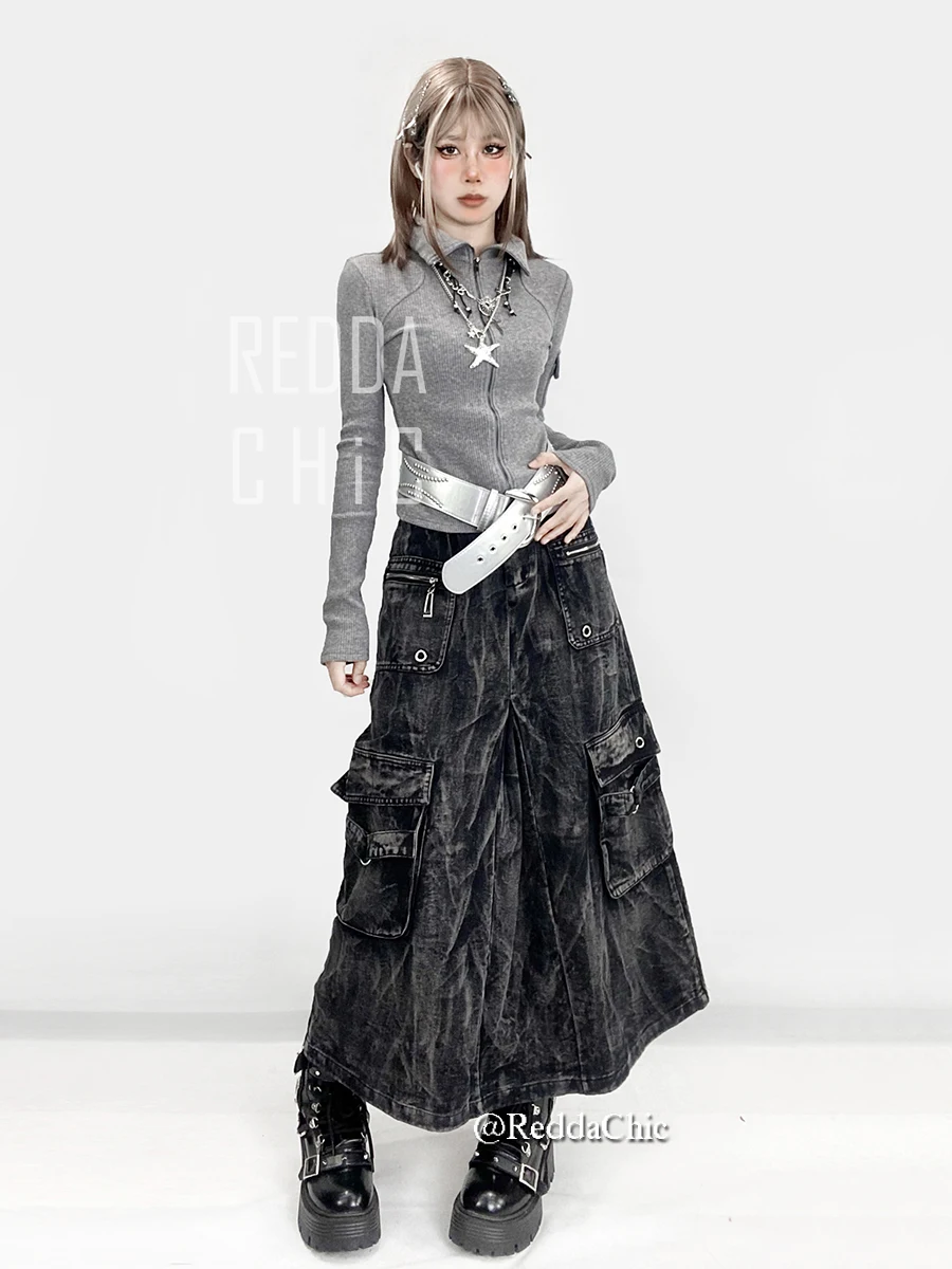 REDDACHiC Eyelets Pocket Midi Long Women Cargo Skirt Distressed Retro Tie Dye Pleat High Waist Denim Skirt Acubi Fashion Clothes