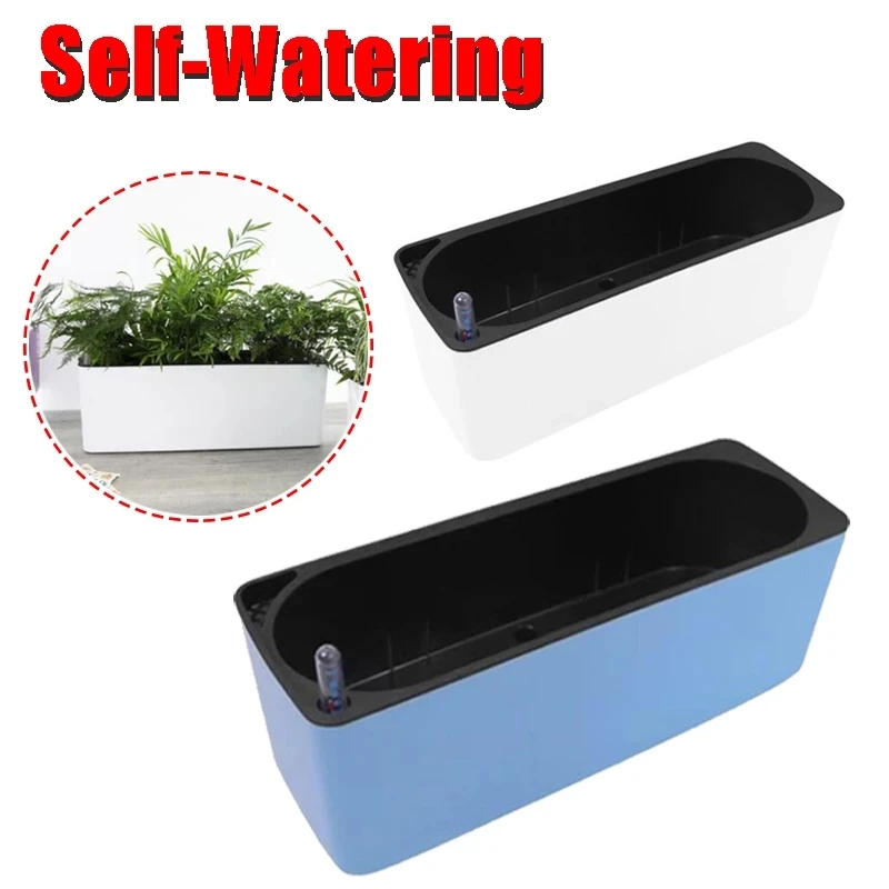 Plastic Self-Watering Flowerpot Lazy Desktop Rectangular Square Plant Flower Pot with Water Level Indicator for Office Garden FU