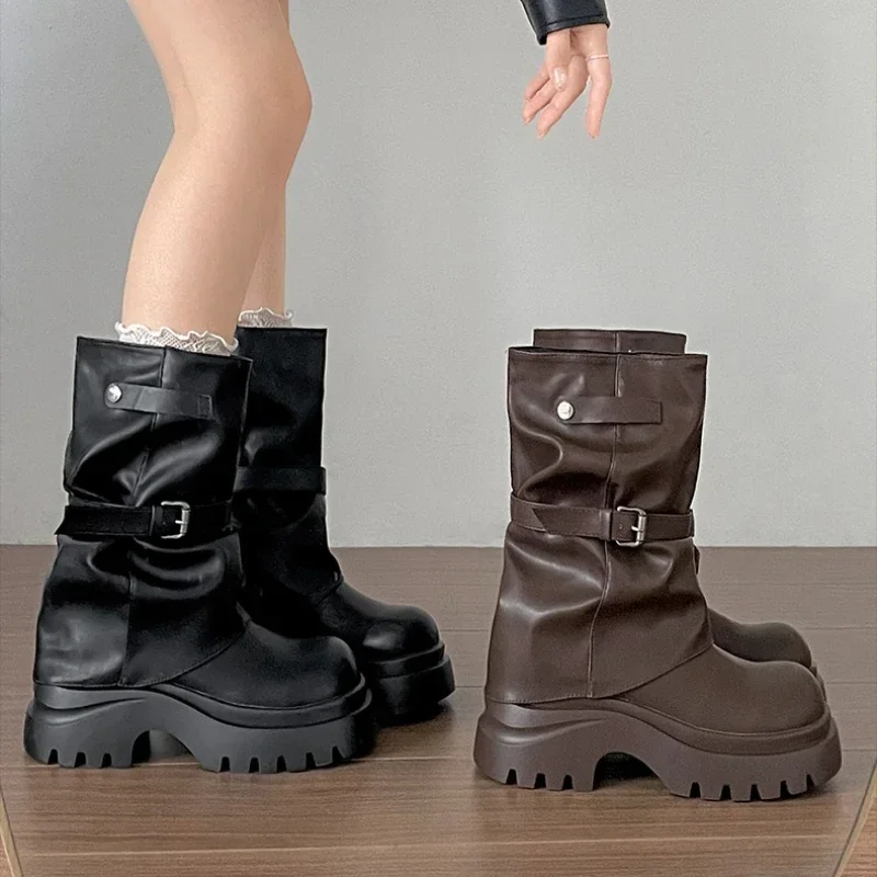 

Winter Vintage Platform Thick Sole Woman Pipe Ankle Boots Design Belt Buckle Shoes Punk Style Leather Short Bottes Femmes