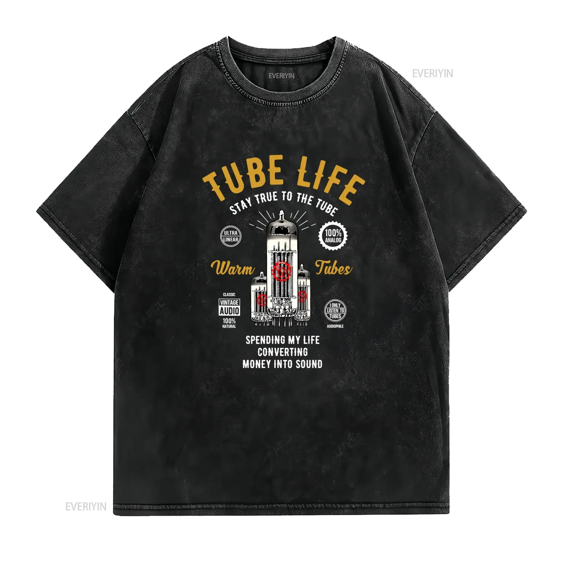 Vintage Retro Tube Life HiFi Audio Vacuum Print T Shirt Casual Music Enthusiast vintage Washed homme Top For Everyday Wear