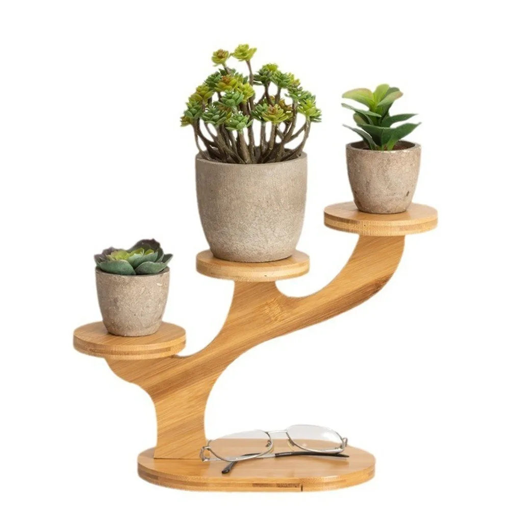 8.66x7.68in Desktop Plant Stand Tree‑shaped Frame Tabletop Placement Bamboo Flower Rack 3‑tier Design Stable Base