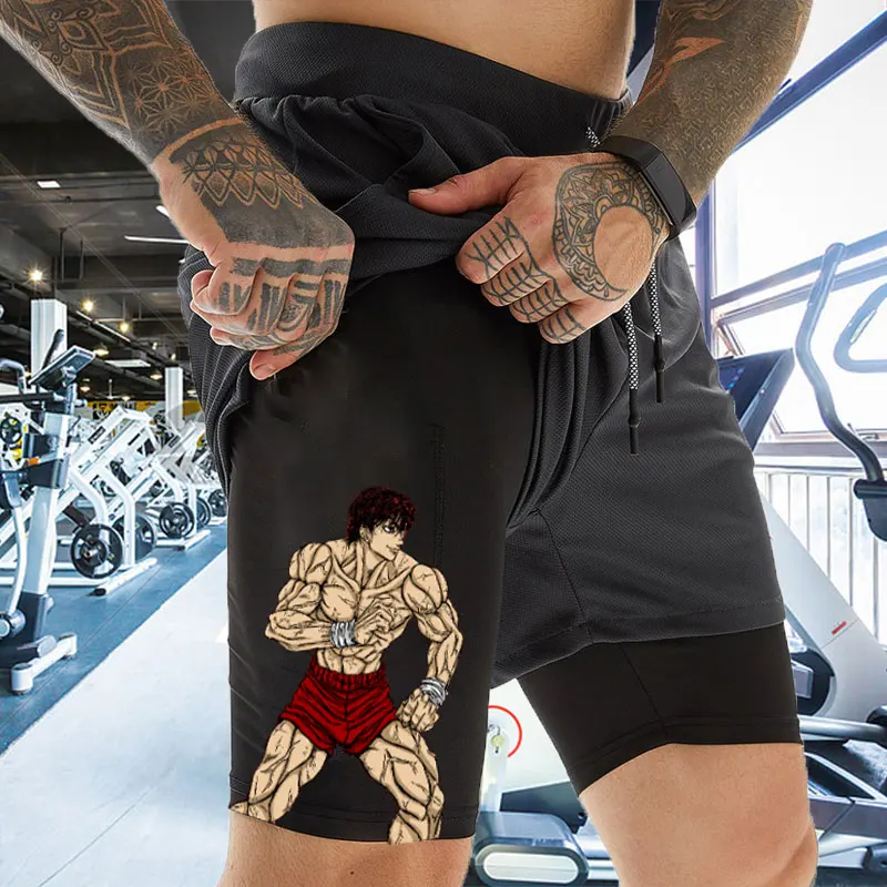 Anime Yujiro Hanma 2 in 1 Compression Shorts for Men Quick Dry Stretchy Athletic Gym Shorts Summer Bodybuilding Fitness Running