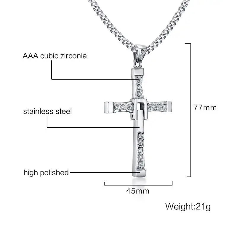 Meaeguet Stainless Steel Cross Necklaces Pendants Fashion Movie jewelry The Fast and The Furious Toretto Men CZ Necklace