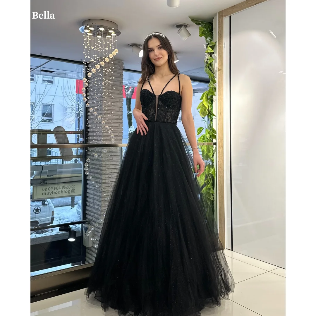 

Bella Customized Spaghetti Strap A-line Mesh Fabric robes de soirée Strapless Backless Party Dresses Floor-Length Prom Dress