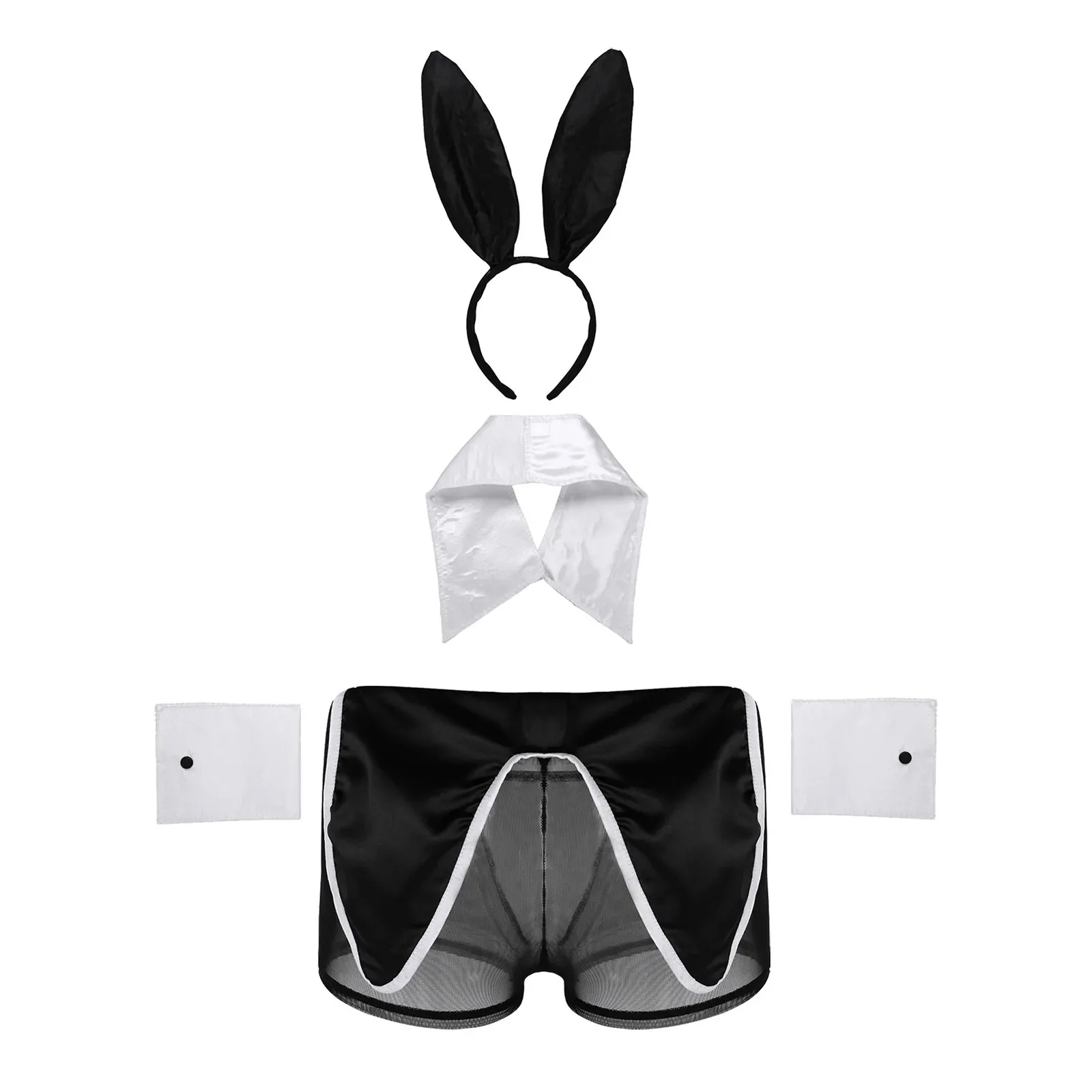 Mens Lingerie Sexy Cosplay Costume Rabbit Ears Boxer Briefs Underwear with Bunny Ears Headband Bowtie Collar and Cuffs Set