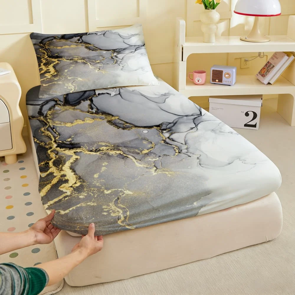 1pc Black Marble with Gold Vein Print Fitted Sheet Deep Pocket Elastic Mattress Cover Single Double Queen King Bedroom Decor
