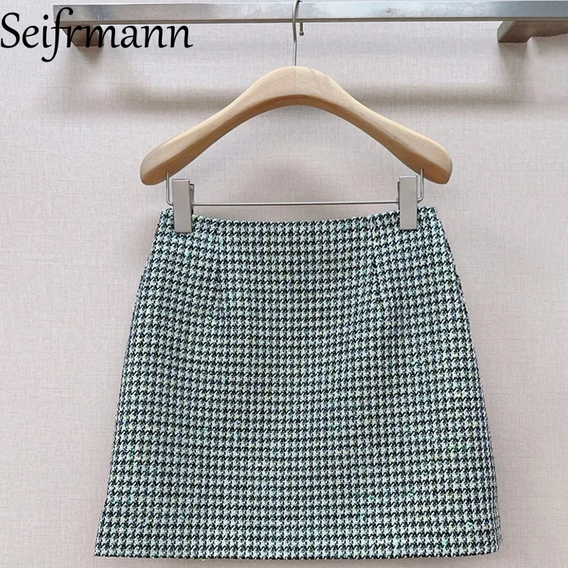 Seifrmann 2026 Summer Women's New Fashionable Checkered Printed sequin High Waist Bag Hip Half Skirt