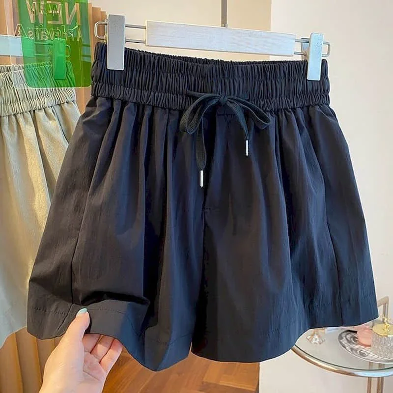 Solidne szorty dla kobiet Sznurowane elastyczne spodnie Casualowe szybkoschnące Harajuku Vintage Luźne koreańskie spodnie z szerokimi nogawkami