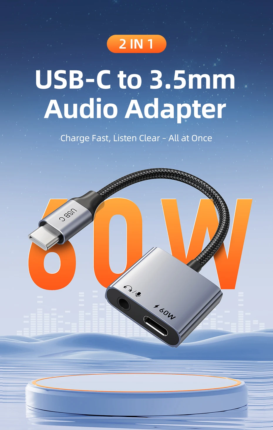 CABLETIME USB-C auf 3,5-mm-Audio-Adapter USB-C Kopfhörer 2-in-1 PD 60W Typ-C auf 3,5-mm-Klinkenadapter Hi-Fi für iPhone Xiaomi – Detail 1