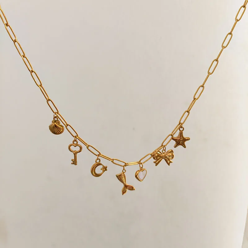 Sea shell star horse mermaid charm statement necklaces for women stainless steel necklaces summer animal cute beach jewelry 2024