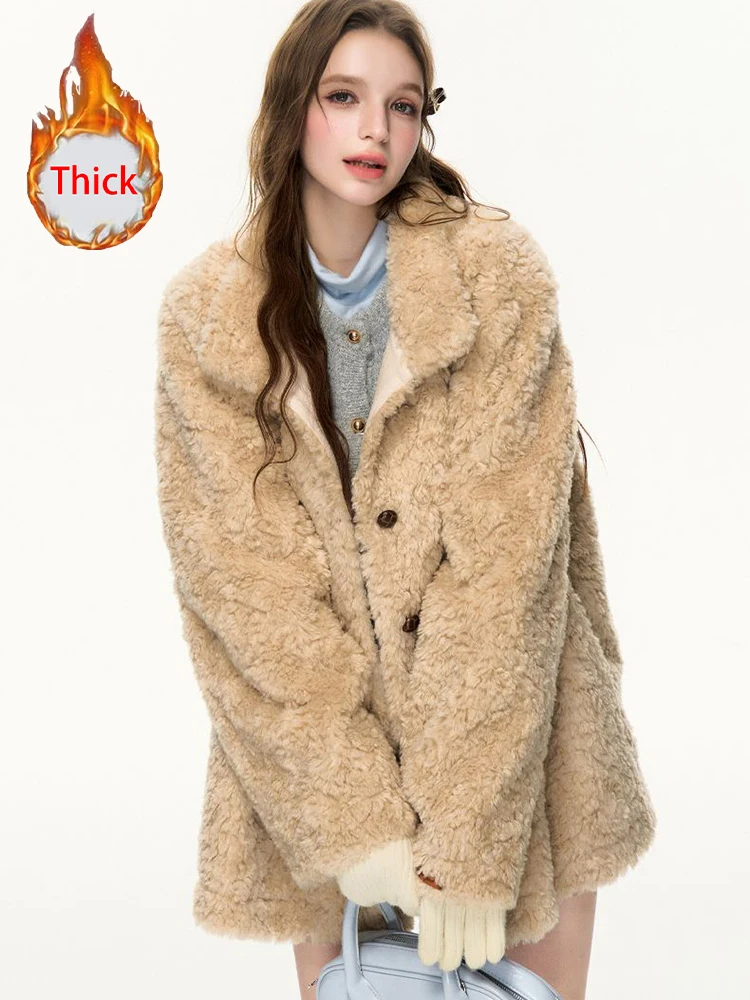 Faux Lamb Cute Coat Women Winter Thick Warm Sweet Preppy Style Loose Jacket Fashion Long Sleeve Stand Collar Single Breasted Top
