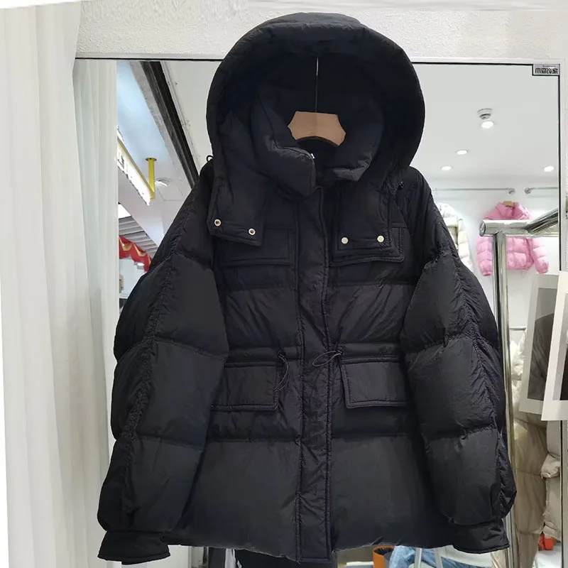 Hooded Down Jacket for Women Autumn Winter 2023 New Fashion Long Sleeve Loose Coats Casual Thicken Warm Solid Parkas